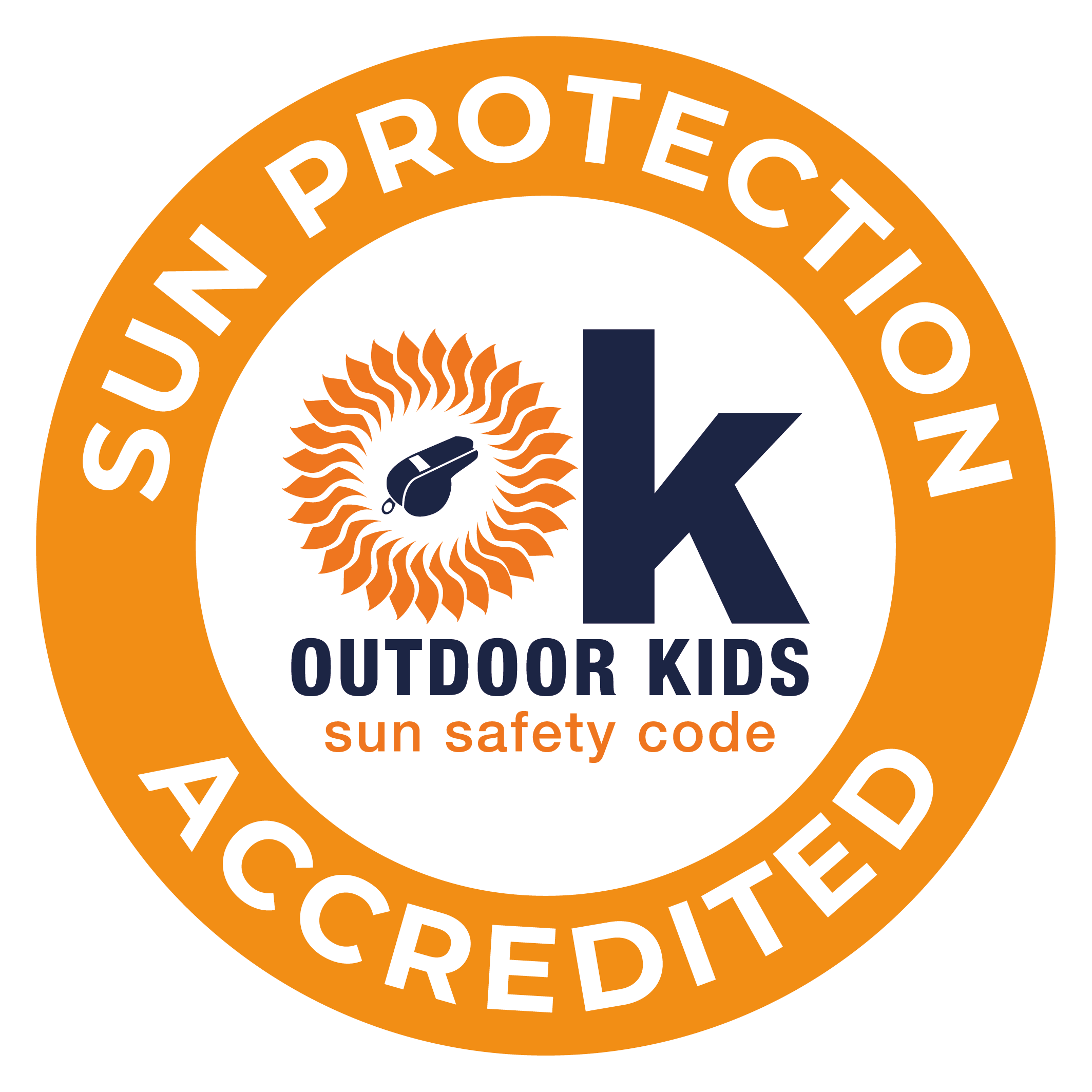 A circle that reads "Sun Protection Accredited" with the Outdoor Kids Sun Safety Code logo in the middle.